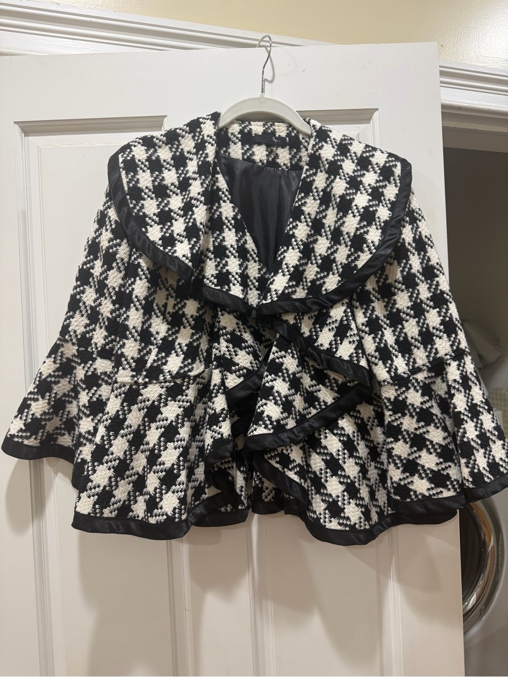 Rye Black and White Houndstooth Ruffle Cape Jacket